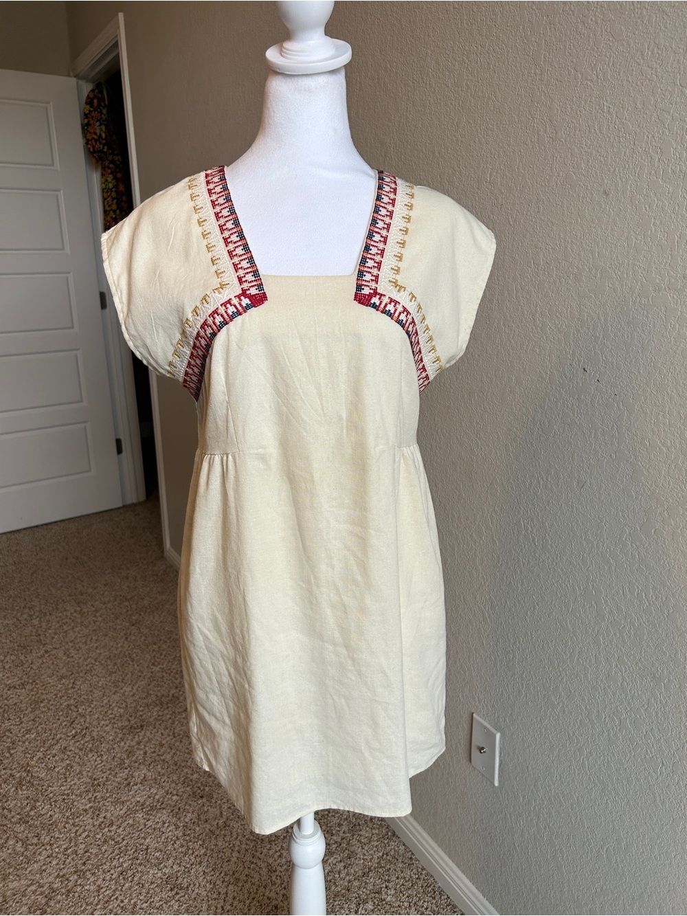 HONEY PUNCH Linen Cream Mini Dress with Embroidery Boho Euro Summer | S